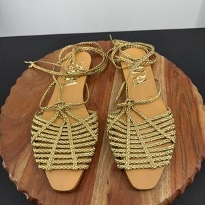 Zara Gold Gladiator Sandals braided straps sz 40‎ US 9.5 ankle tie